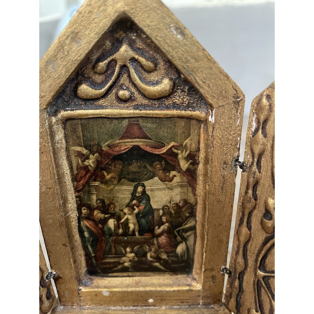 Vtg Gold Gilt Standing Alter Italian Florentine‎ Triptych Virgin on Throne 5.25" - Picture 3 of 11